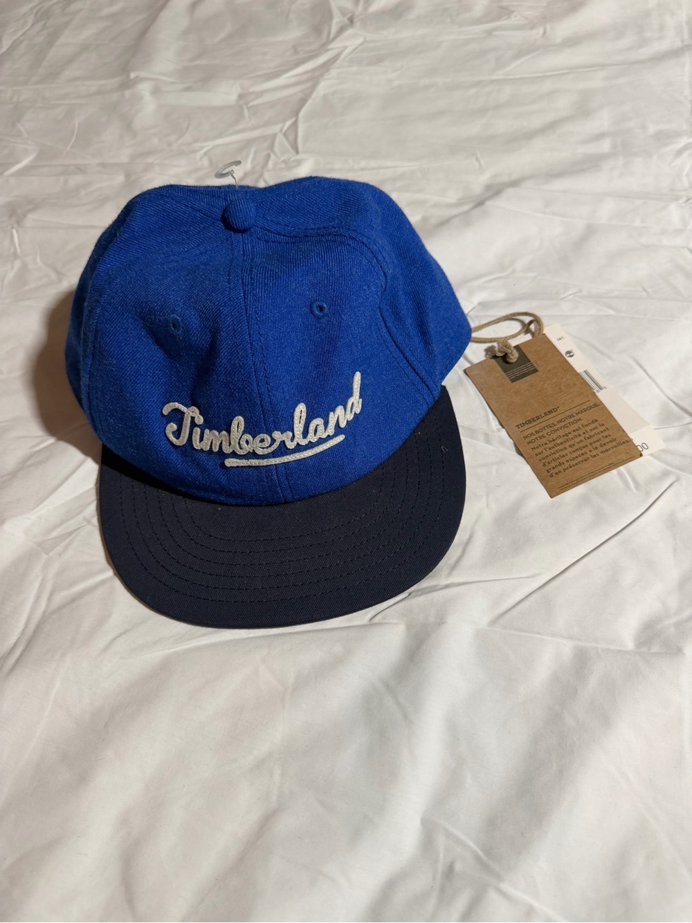 Rare Timberland Script Logo Snapback Hat Blue Navy Flat Brim Wool Blend NWT